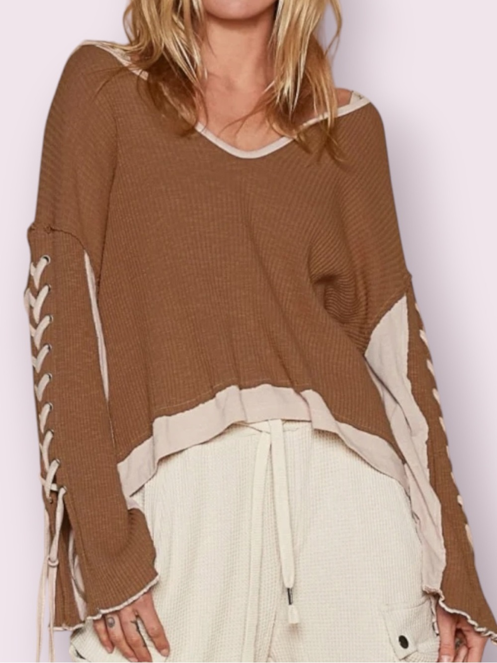 POL Lace-Up Sleeve Colorblock Slouchy Boho Long Sleeve Top Brown Cream Small